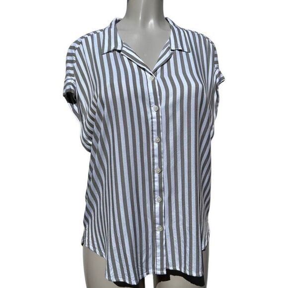 Alexander Jordan Button-up Shirt Women's Large Olive Green Striped 100% Rayon - Picture 2 of 11